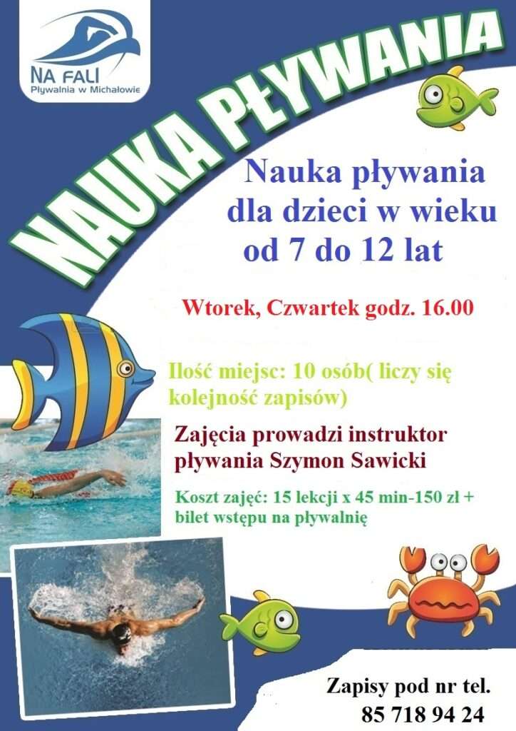 Plakat zapraszający dzieci na naukę pływania.